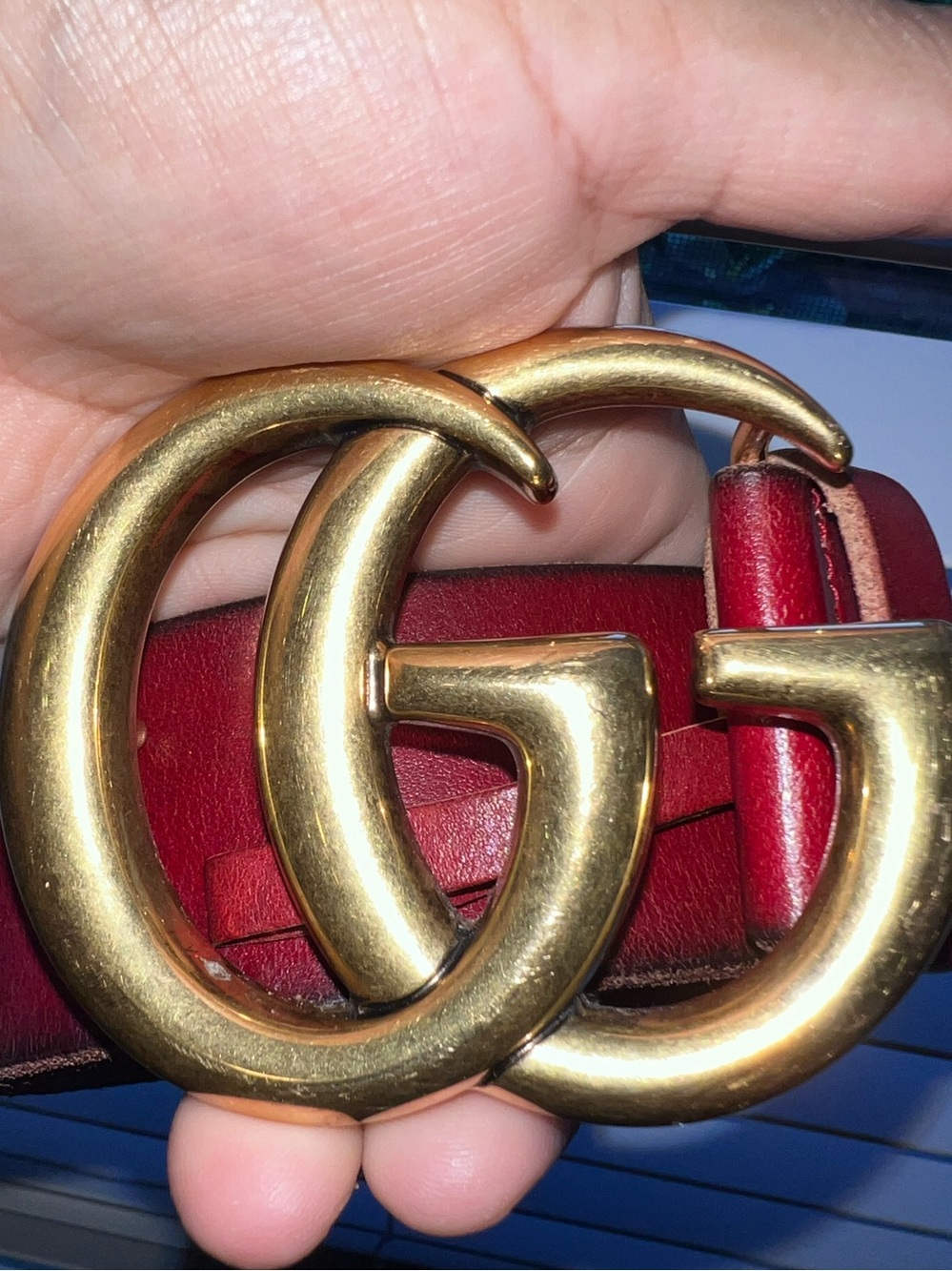 Gucci Red Leather Belt with Gold Double G Buckle